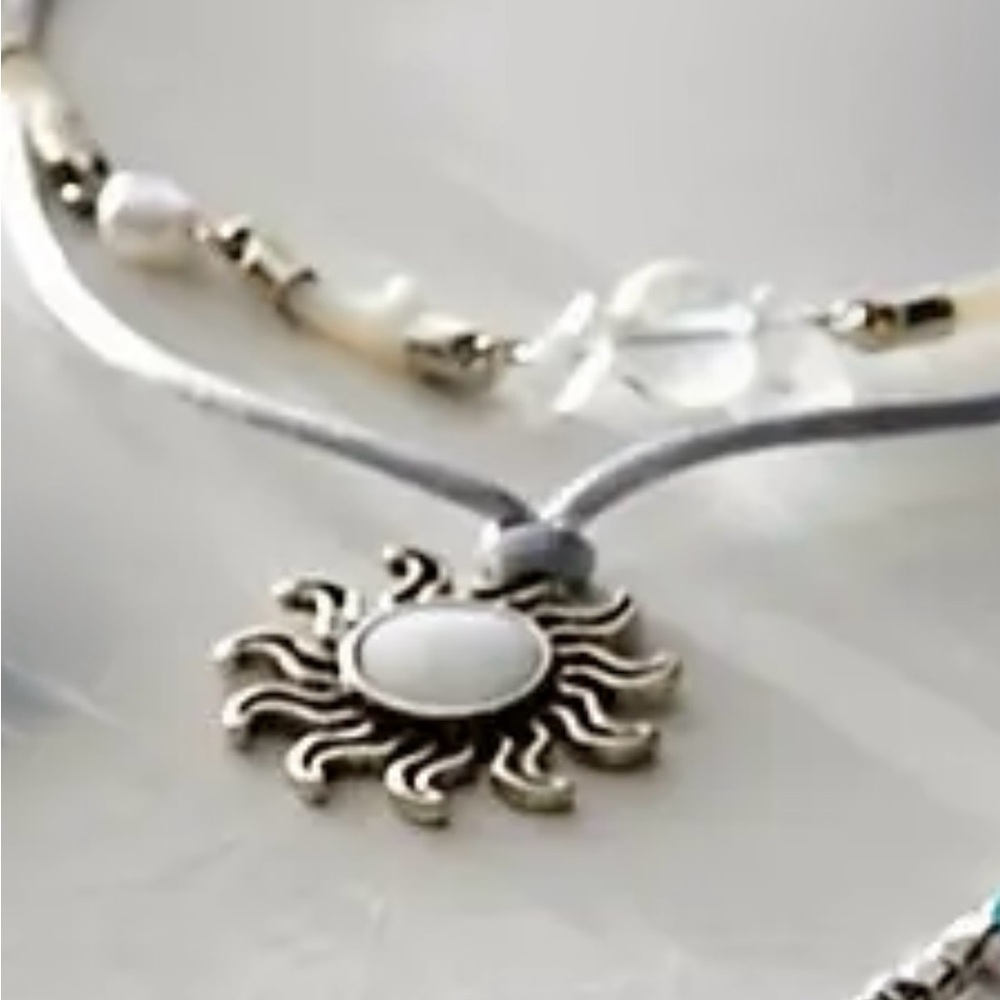 Free People One With The Sun Blue Layered Necklace Sunburst Pendant Beaded Chain - Picture 8 of 13
